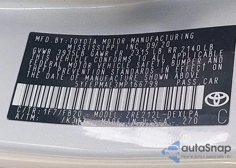 2021 Toyota Corolla Le z USA, uszkodzony, nr VIN 5YFEPMAE3MP166799